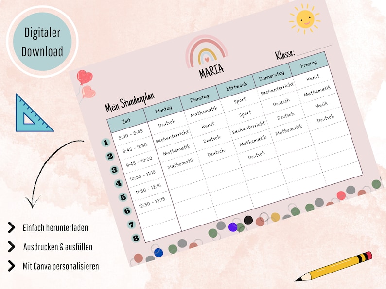 Stundenplan Mädchen personalisierbar zum Ausdrucken, Einschulung, Geschenk, Schulanfang , digital PDF