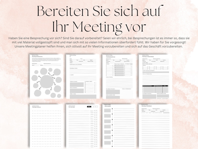 Effizienter Meeting-Planer | Berufliche Team-Meetings | Tagesordnung | Aufgaben | Sofortiger Download | Meetingplanung