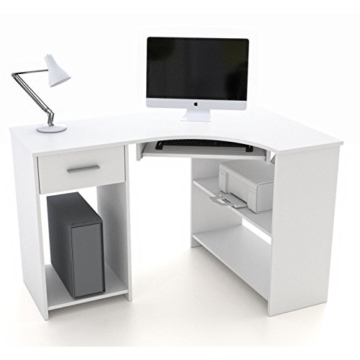 Schreibtisch Eckschreibtisch PC Tisch SILVIA in weiß mit Tastaturauszug und Schublade, 117x74x78 cm -