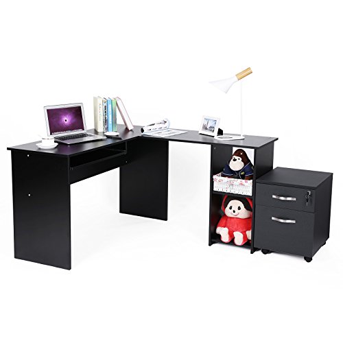 Songmics Computertisch Bürotisch Schreibtisch schwarz PC Tisch Computerschreibtisch Große Desktop Design 3 Regale 140 x 120 x 75 cm LCD810B - 