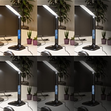 kwmobile LED Schreibtischlampe dimmbare Lampe - Tischlampe mit USB Ladefunktion - Schreibtisch Licht Tischleuchte Büro - Schwarz mit LCD Display - 