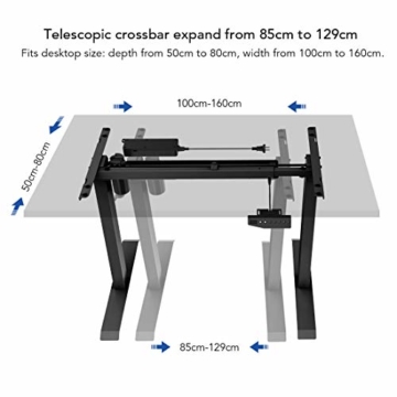Flexispot E1B Höhenverstellbarer Schreibtisch Elektrisch höhenverstellbares Tischgestell 2-Fach-Teleskop, mit Memory-Steuerung (Schwarz) - 2