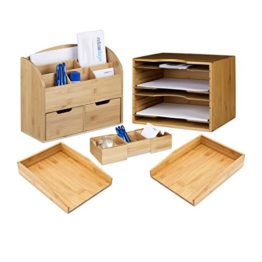 Relaxdays 5 teiliges Schreibtisch Set XXL, aus Bambus, 2 Briefablagen für A4, Schreibtisch-Organizer mit Schubladen, Visitenkartenorganizer, Ablagesystem, Natur - 1
