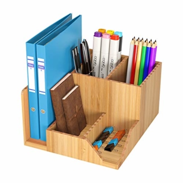 Homfa Bambus Schreibtisch Organizer 21,5x18,5x11,5cm Stiftehalter Stifteköcher Aufbewahrungsbox Schreibtisch Zubehör Organisation Ordnungsbox - 1