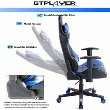GTPLAYER Gaming Stuhl Bürostuhl Gamer Ergonomischer Stuhl Einstellbare Armlehne Einteiliger Stahlrahmen Einstellbarer Neigungswinkel Blau - 6