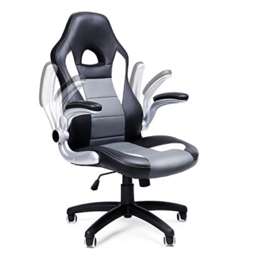 SONGMICS Gamingstuhl, Racing Chair, Schreibtischstuhl mit hoher Rückenlehne, Bürostuhl, höhenverstellbar, hochklappbare Armlehnen, Wippfunktion, für Gamer, schwarz-grau-weiß OBG28G - 7