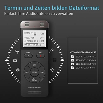 Digitales Diktiergerät, YEMENREN 8GB Digitaler Voice Recorder, Audio Aufnahmegerät mit Spracherkennung für Interviews Meetings, USB, Wiederaufladbar(Schwarz) - 4