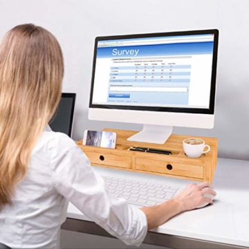 Bildschirmerhöhung Monitorständer Holz Monitor Erhöhung Bildschirmerhöher mit 2 Schubladen Bambus HBT 56x27x12cm (Braun) - 5
