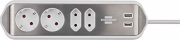 brennenstuhl®estilo Ecksteckdosenleiste 4-fach (Tischsteckdose mit Edelstahloberfläche für Küche und Büro, Ecksteckdose mit 2x Schuko-Steckdosen, 2x Euro-Steckdosen, inkl. USB-Ladefunktion) siber/weiß - 1