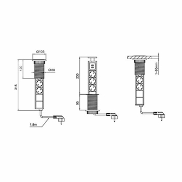 Dazone versenkbar Tischsteckdose 3-fach (Steckdosen-Turm, 2-fach USB, 2m Kabel, komplett in Tischplatte), USB Tischsteckdosenleiste Mehrfachsteckdose Einbausteckdose für Arbeitsplatte küche Chromfarbe - 4