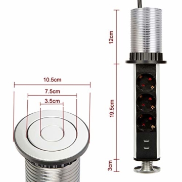 Dazone versenkbar Tischsteckdose 3-fach (Steckdosen-Turm, 2-fach USB, 2m Kabel, komplett in Tischplatte), USB Tischsteckdosenleiste Mehrfachsteckdose Einbausteckdose für Arbeitsplatte küche Chromfarbe - 7