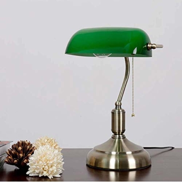MZStech Schreibtischlampe/Bankers Lampe/Bürolampe Weißer Glasschirm, Zugschalter und LED Glühlampe 4w (Grün, Messingbasis) - 2