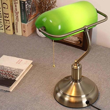 MZStech Schreibtischlampe/Bankers Lampe/Bürolampe Weißer Glasschirm, Zugschalter und LED Glühlampe 4w (Grün, Messingbasis) - 4
