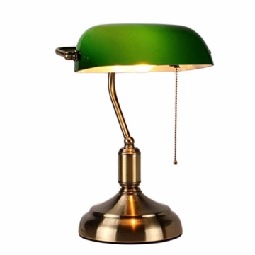 MZStech Schreibtischlampe/Bankers Lampe/Bürolampe Weißer Glasschirm, Zugschalter und LED Glühlampe 4w (Grün, Messingbasis) - 1